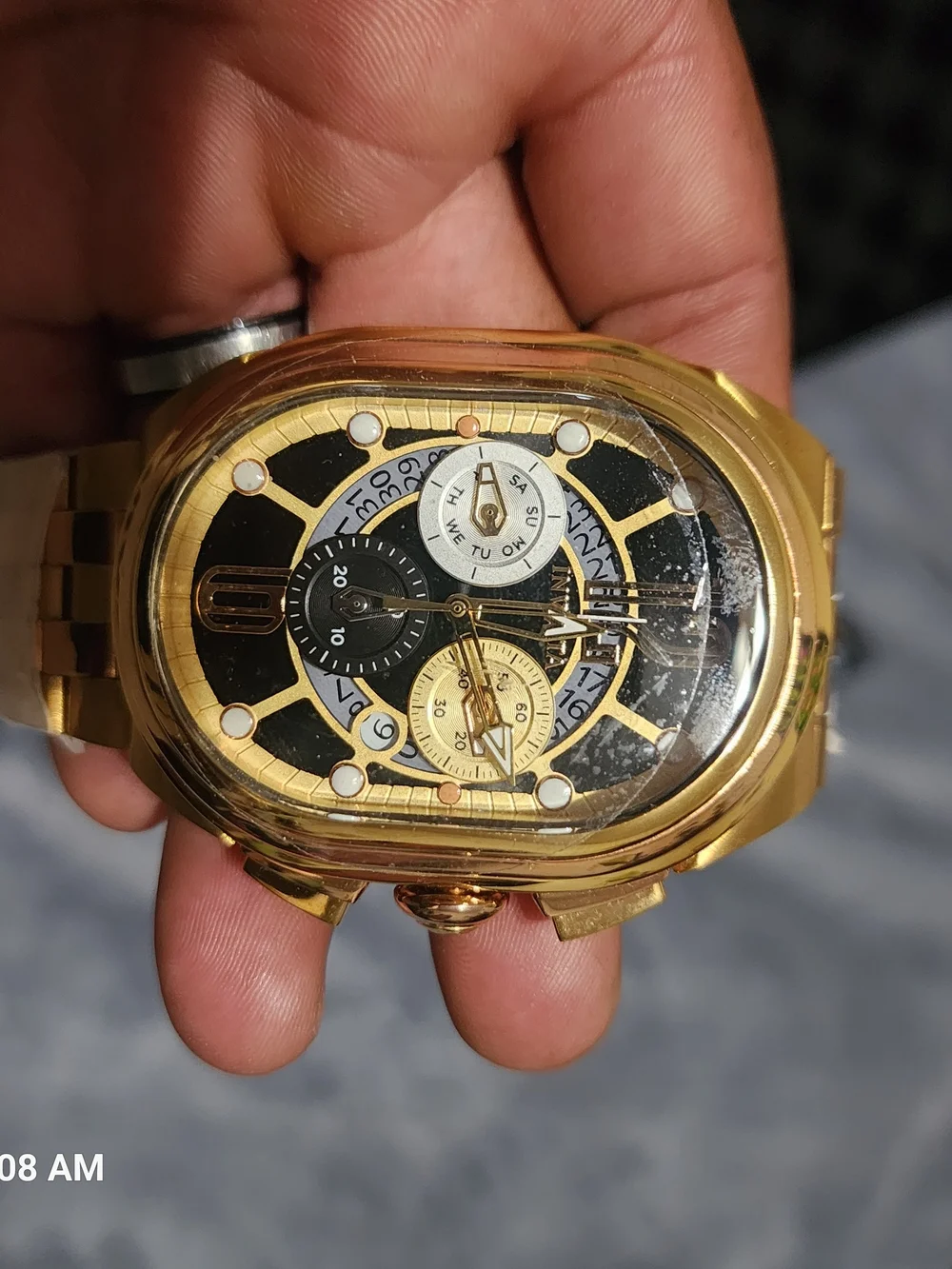 Invicta Lupah Gold-Tone Multi-Function Oval Watch with Black Dial Accents